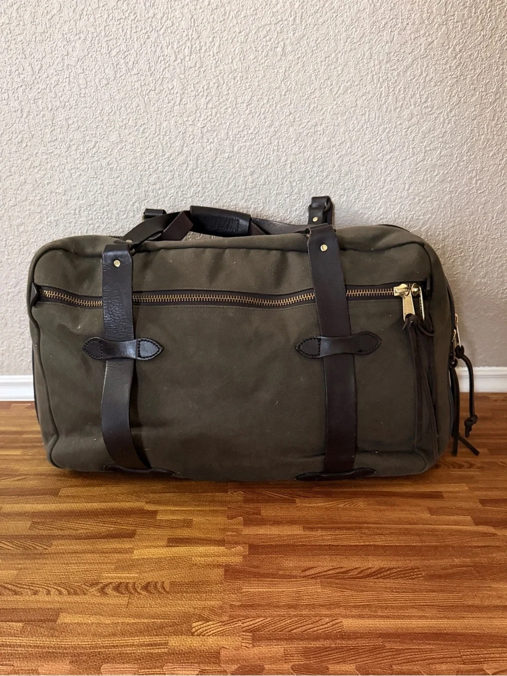 Filson Large Olive Green Canvas Duffel with Dark Brown Leather Trim